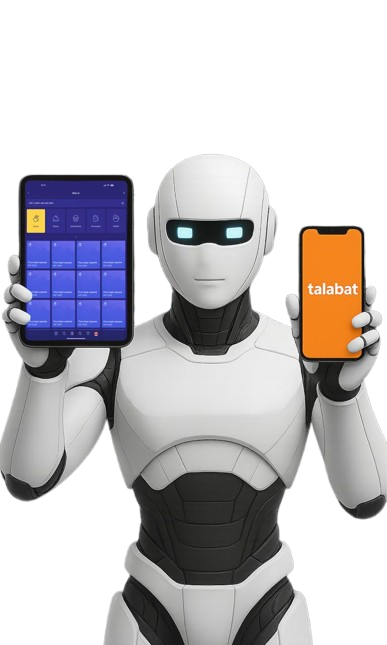 AI Robot holding tablet and phone
